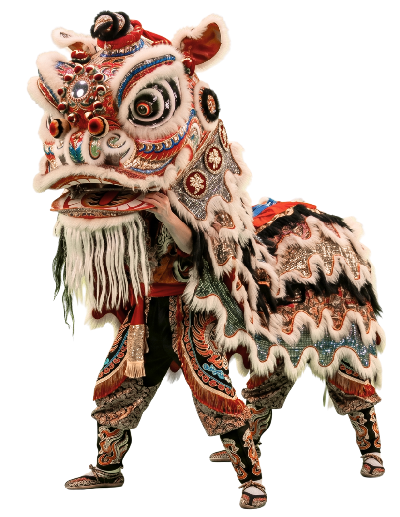 Vestuario de danza del león con una gran cabeza y una larga cola, representando la cultura tradicional china.