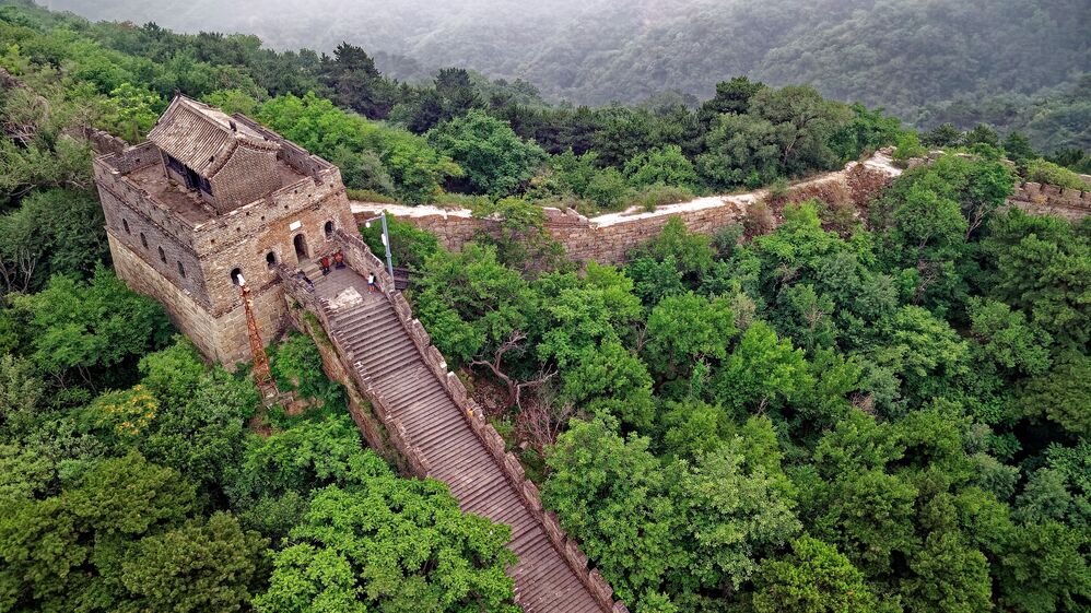 Vista panorámica de la Gran Muralla China serpenteando a través de colinas, rodeada de vegetación exuberante.