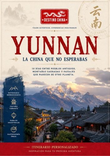 Folleto de viaje personalizado sobre Yunnan, China, con imágenes y descripciones de sus paisajes y cultura.